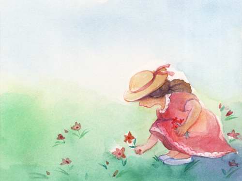 Girl with dolls and flowers